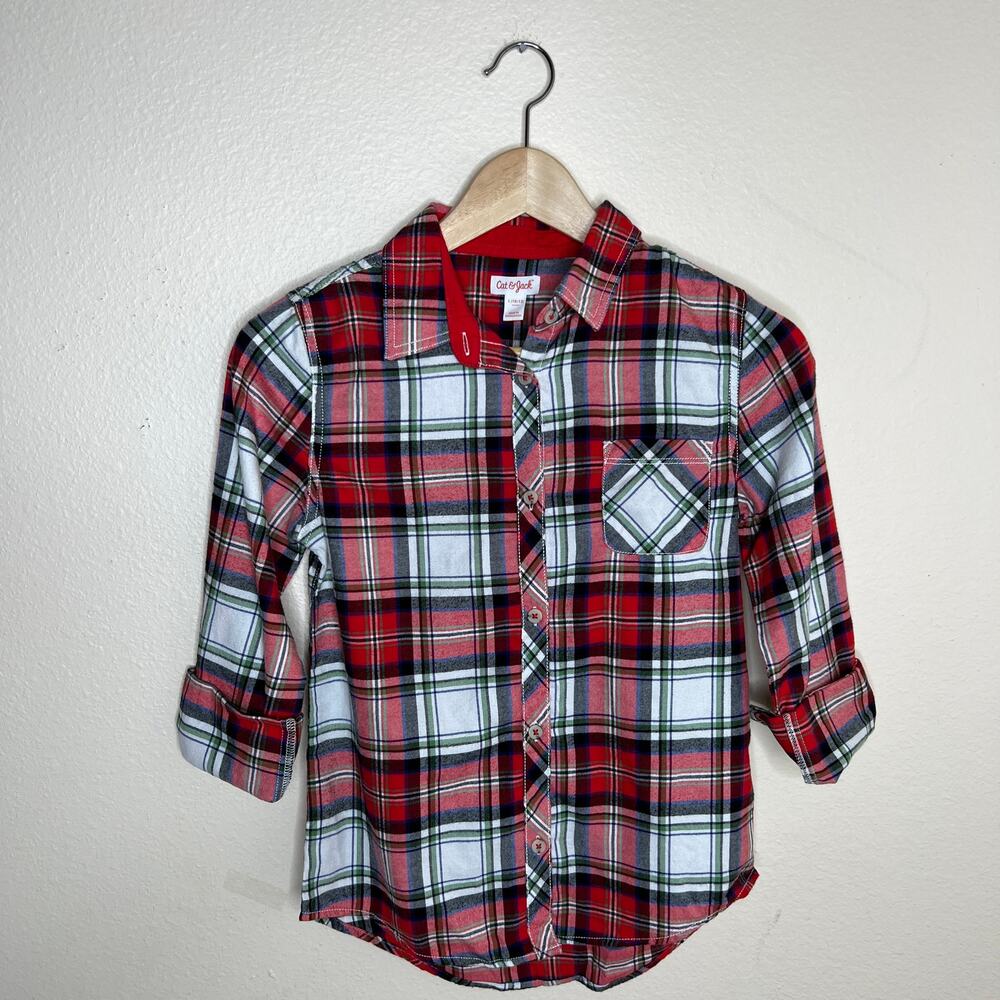 Cat & Jack Red Green Plaid Button Up Woven Large 10/12 NWT